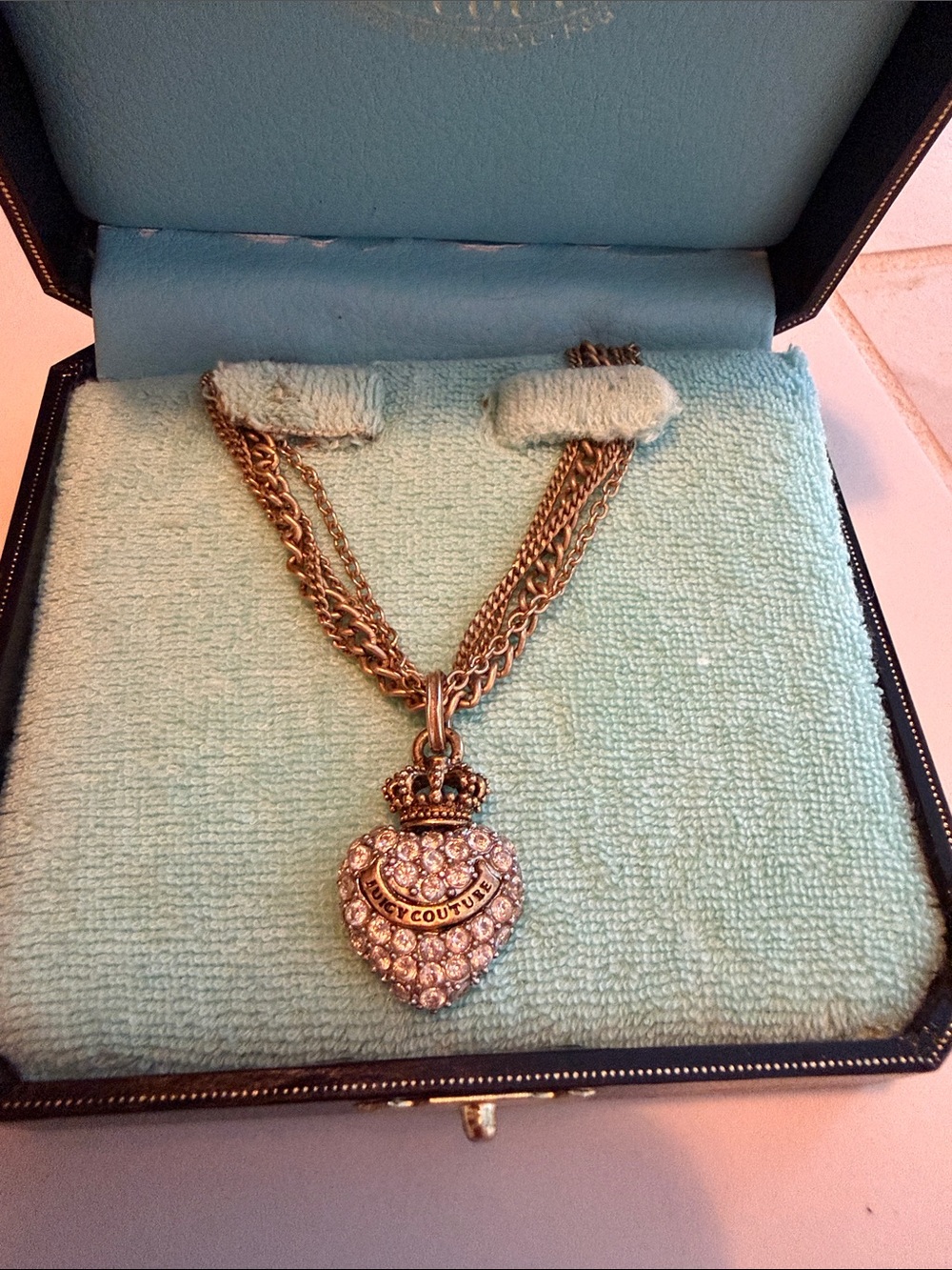 Vintage Juicy Couture Gold-Tone Pave Heart and Crown Pendant Necklace